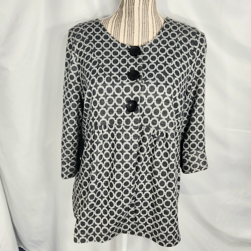 Notations Grey & White Circle Pattern 3/4 Sleeve Skirted Hem Jacket Size Medium